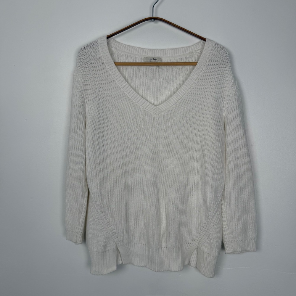Tyler Boe Womens White Cotton Shaker Knit V-Neck Sweater Size S Ribbed Side Vent
